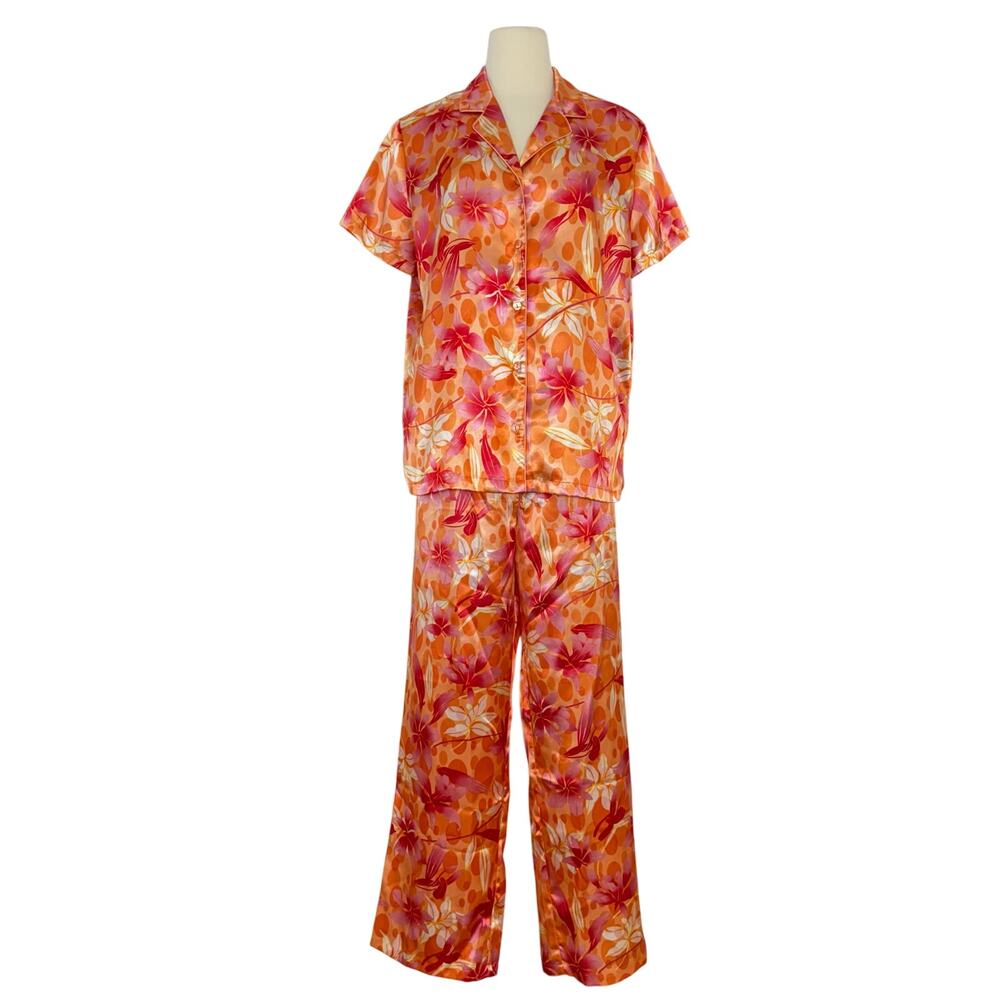 Valerie Stevens Satin Pajama Set Short Sleeves Top and Pants Floral Orange | L